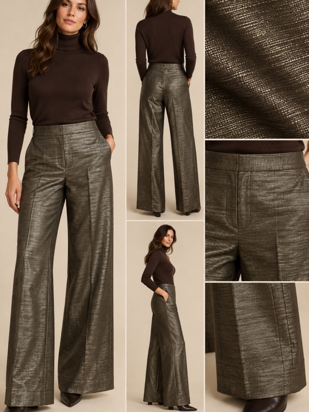 Lafayette 148 Wool Metallic Wide Leg Pants Sz 10 Chocolate Brown High Rise